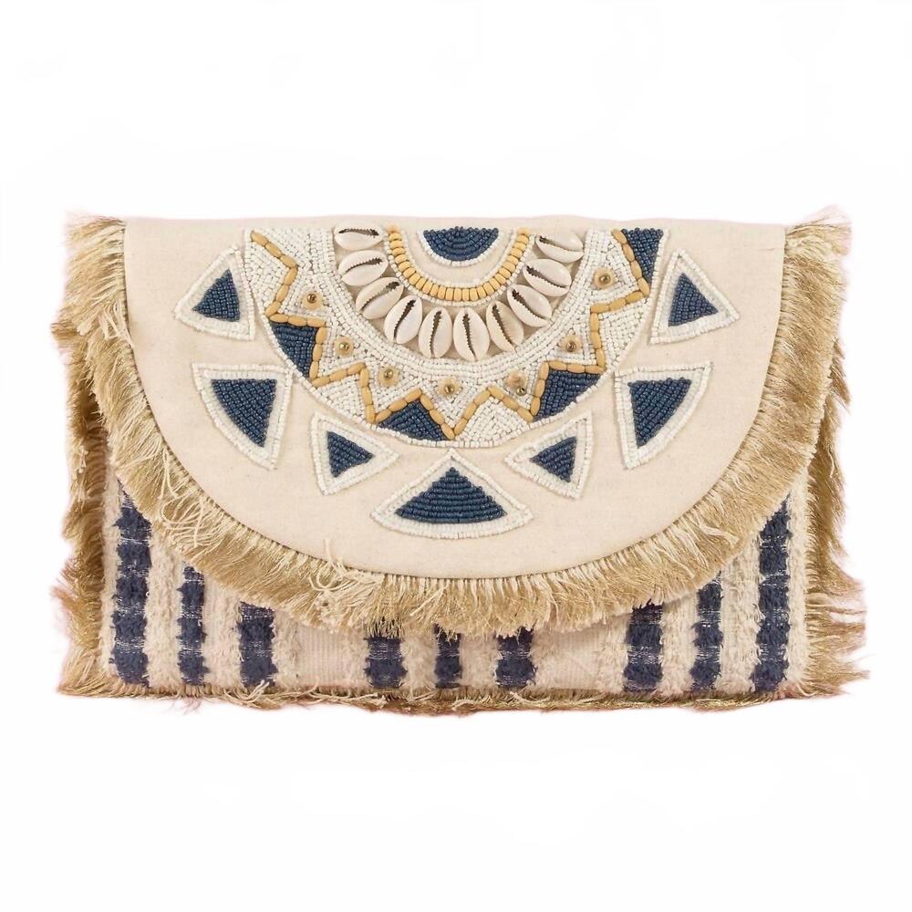 NEW ANARCHY STREET women's beaded fringe trim mandala clutch bag in navy
